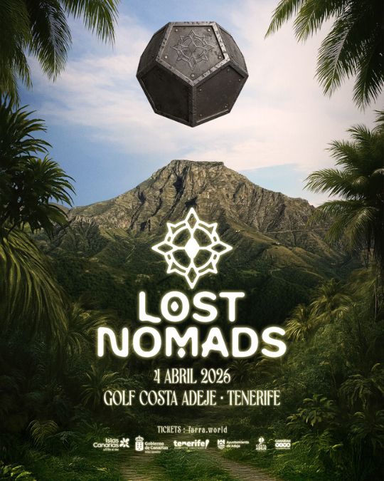 Póster de Lost Nomads Tenerife 2026 con paisaje tropical, y logo del festival en Golf Costa Adeje.