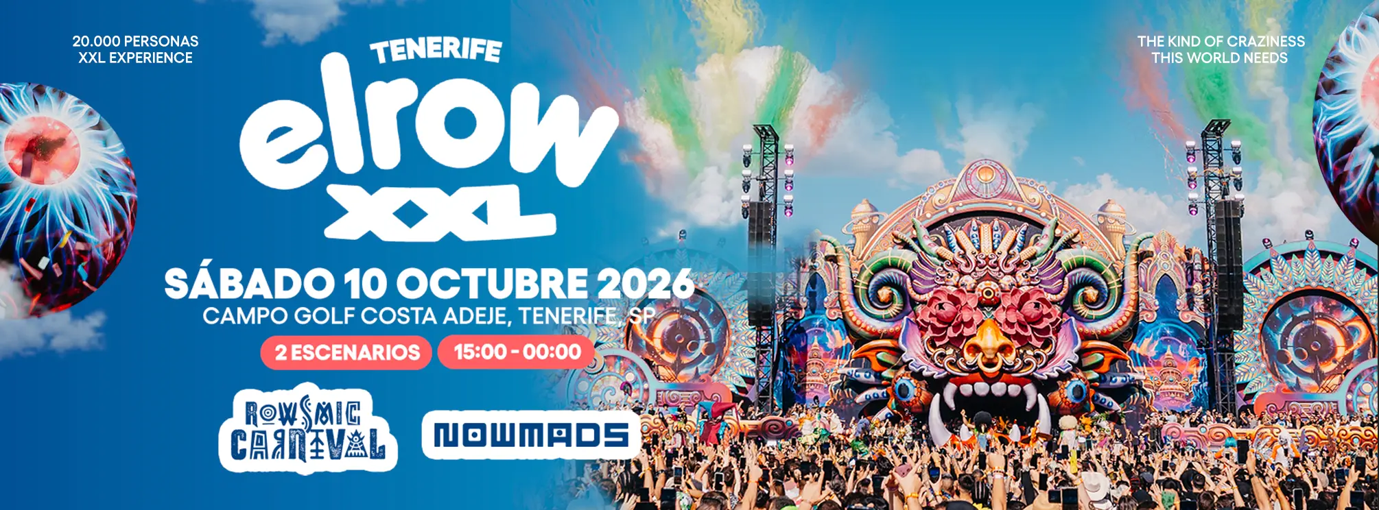 Cartel oficial de elrow Tenerife XXL Rowsmic Carnival y Nowmads 10 de octubre de 2026 en Costa Adeje